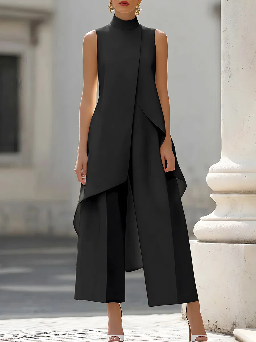 Women Formal Wear Office - Sleeveless High Neck Asymmetrical Layered Wide