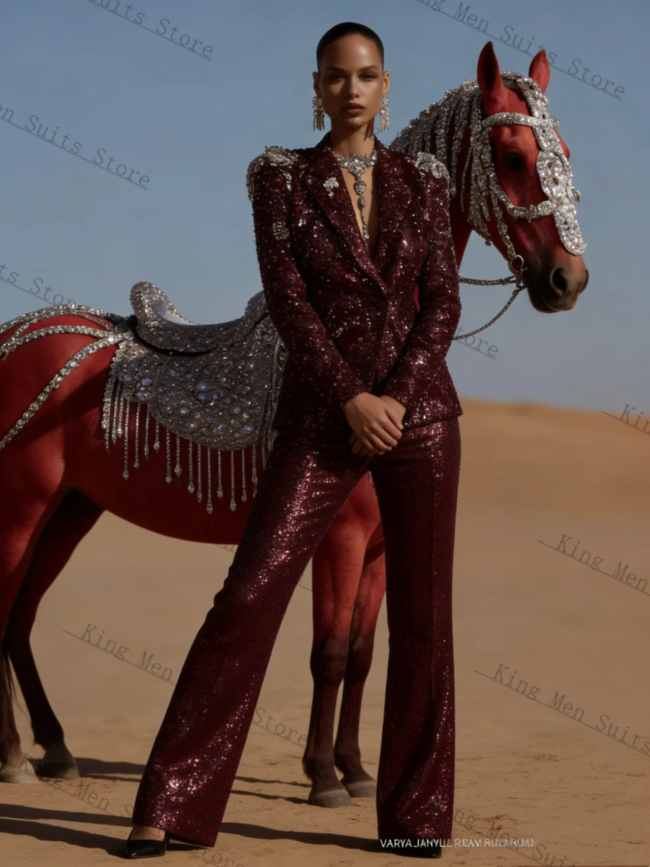 Women'S Formal Wear For A Wedding Guest - Burgundy Shiny Women Suit Set 2