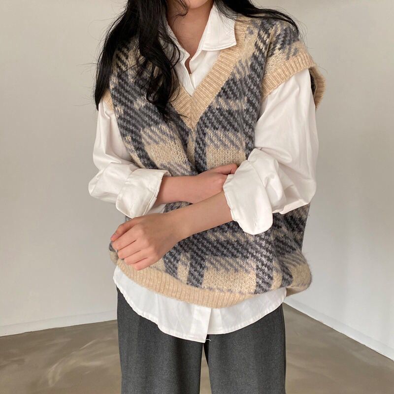 Plaid Lady Sweaters Tops 2025  - Women Formal Wear Korean review and price