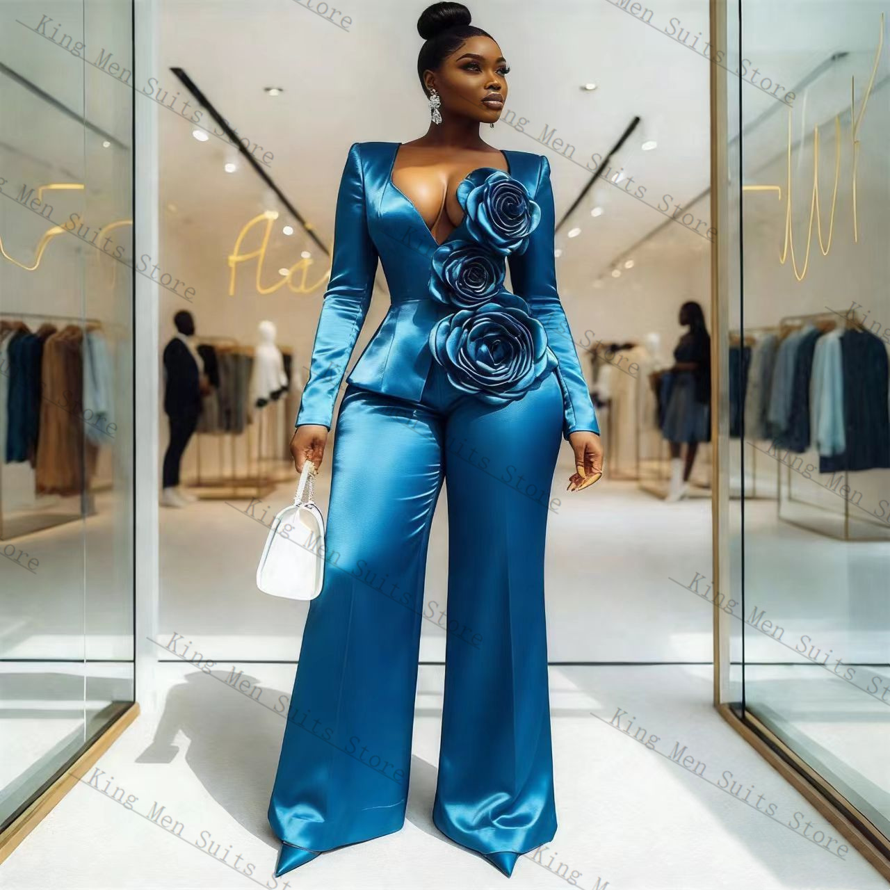 Blue Satin Women Suit Set 2 Pc - Women'S Formal Wear For A Wedding Guest review and price