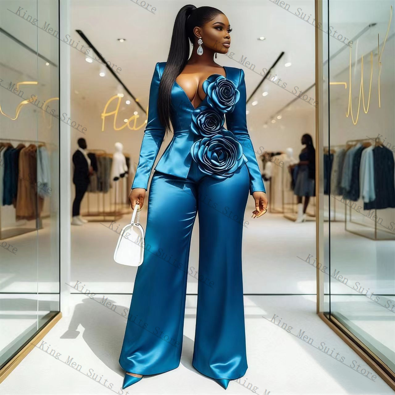 Blue Satin Women Suit Set 2 Pc - Women'S Formal Wear For A Wedding Guest review and price